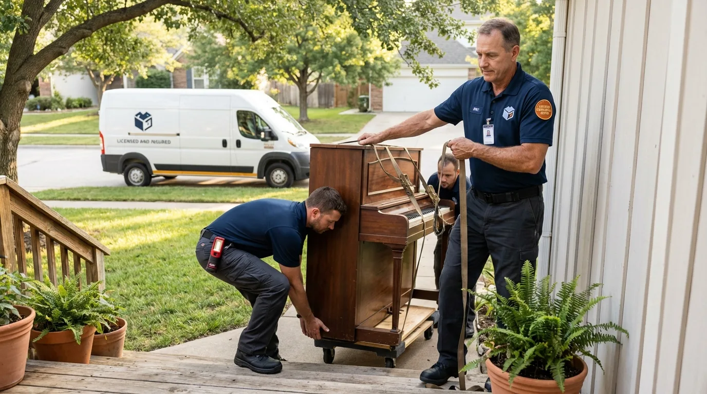 Licensed piano movers securing grand piano in Mosinee, WI