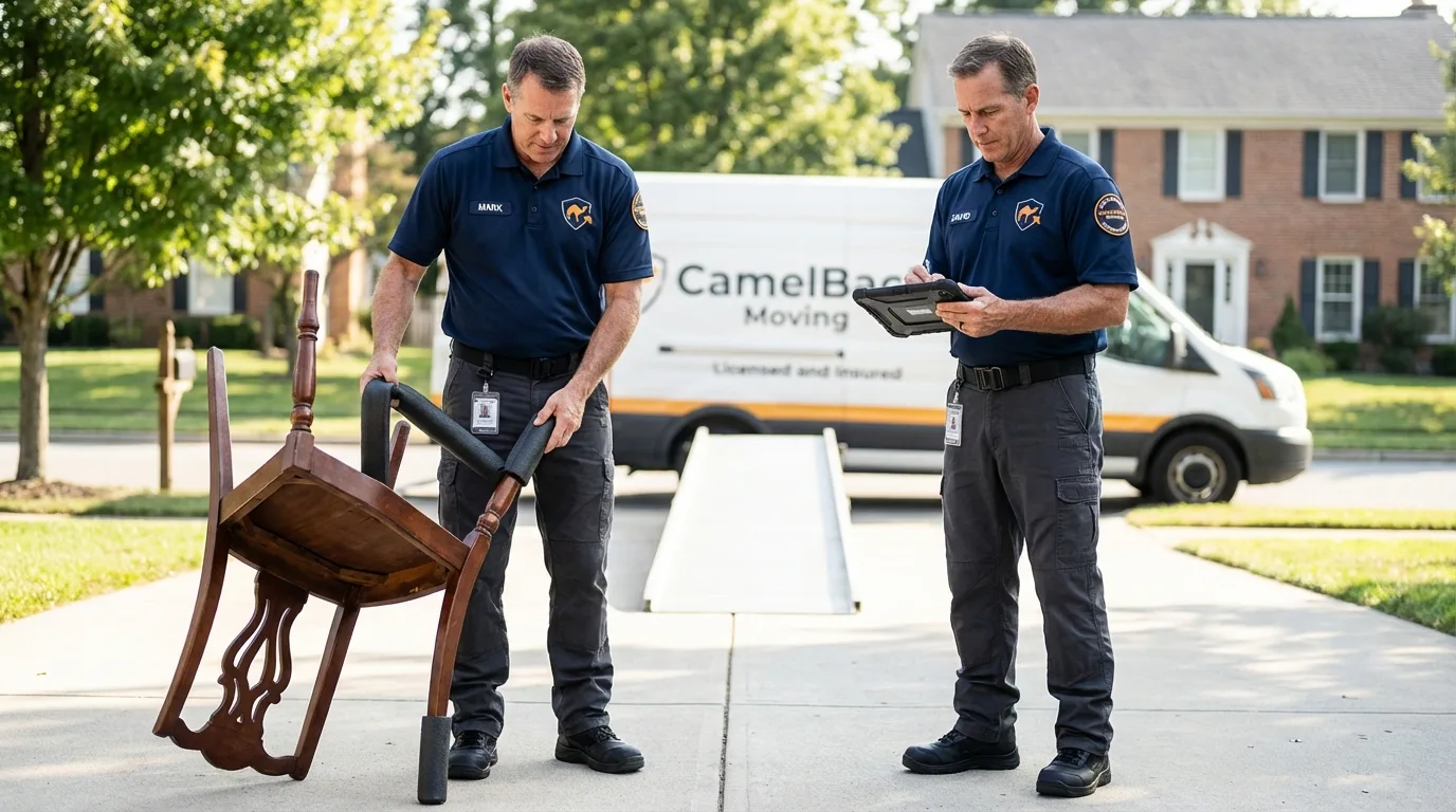 Movers inspecting furniture for damage prevention before loading in Mosinee, WI